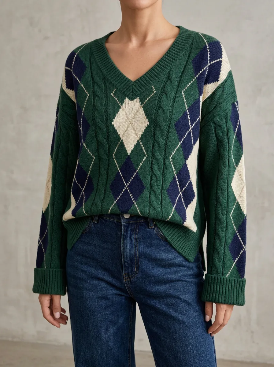 Women's V-Neck Knit Sweater Featuring Argyle Detail