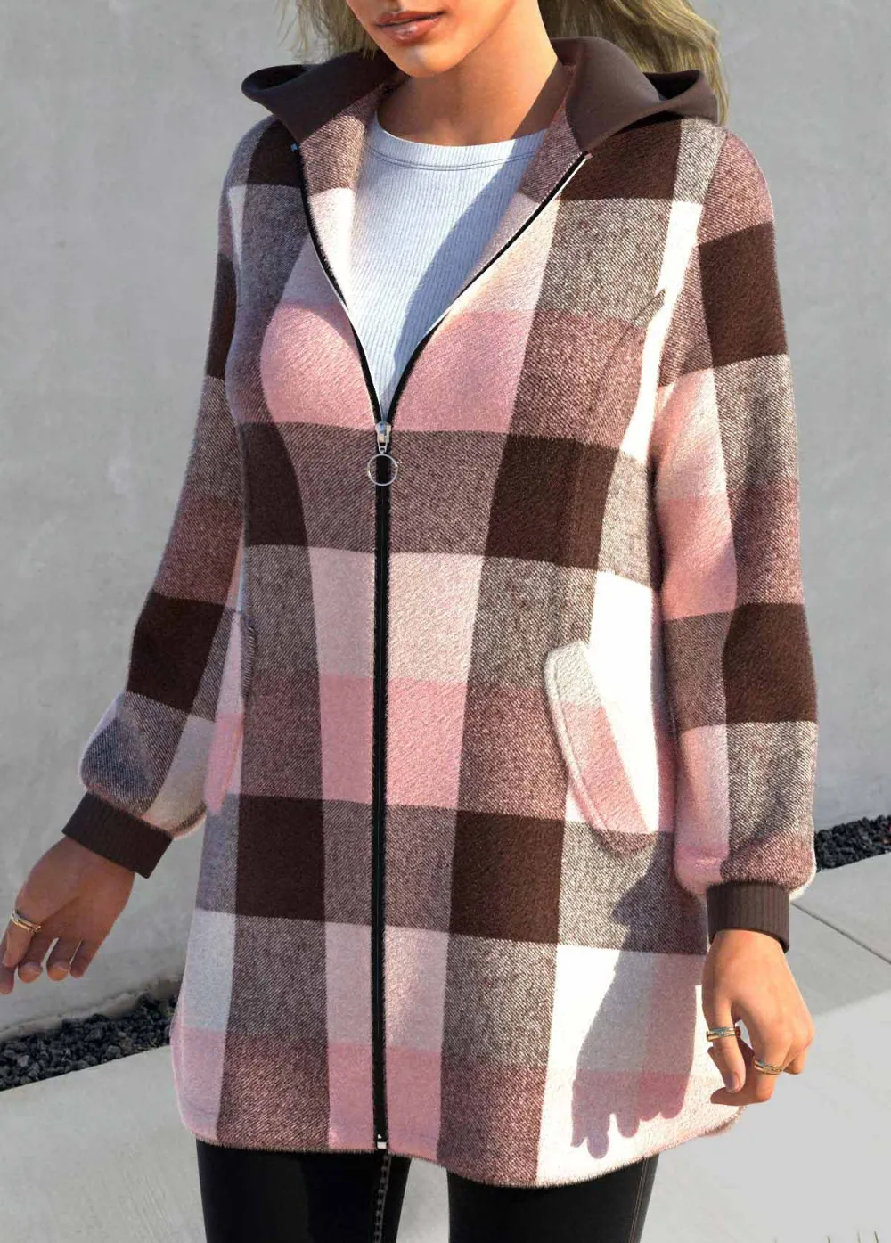 Pink Zipper Tartan Print Long Sleeve Hooded Jacket