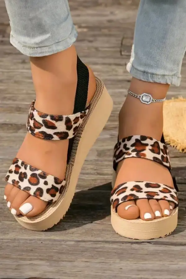 Leopard Woven Strappy Double Strap Flat Sandals