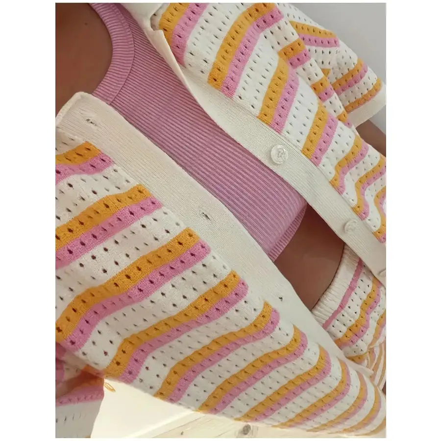 Colorful Striped Button Up Top and Shorts Sweater Set