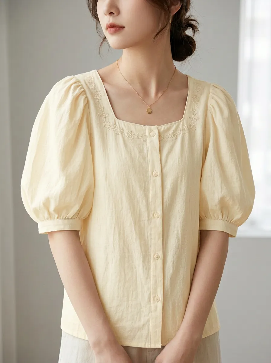 Floral Square-Neck Button-Front Women's Puff-Sleeve Blouse