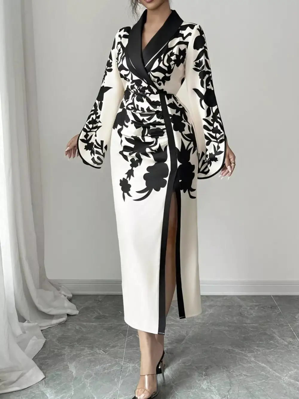 Wrap Slit Long Sleeve Midi Dress