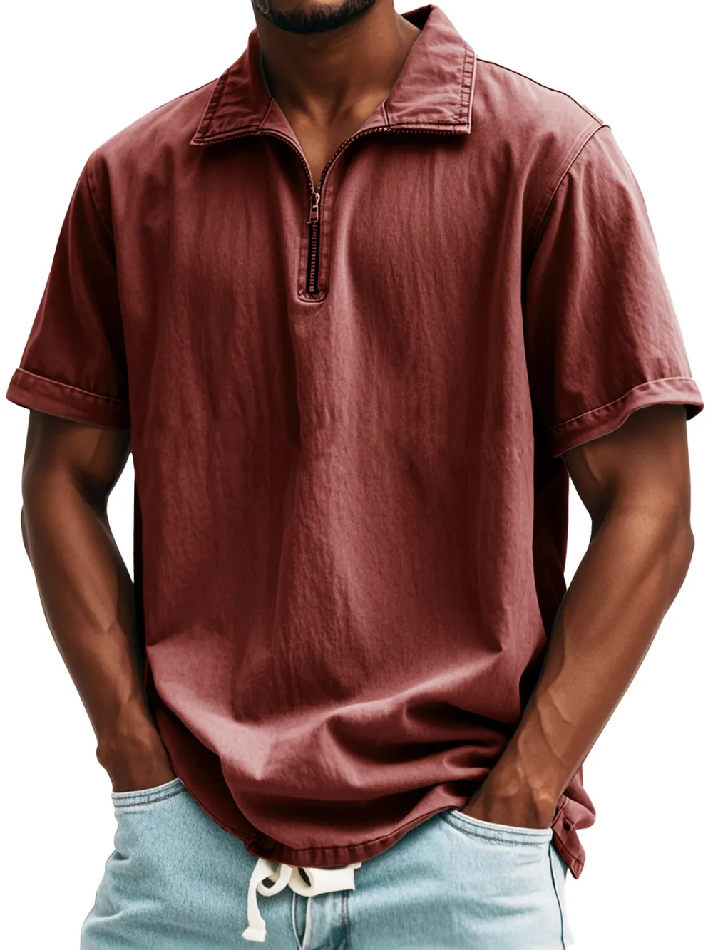 Relaxed Short Sleeve Stand Collar Zip Front Shirt