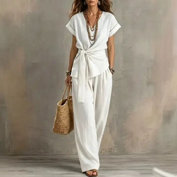 Refined Short-Sleeve V-Neck Women's Matching Set