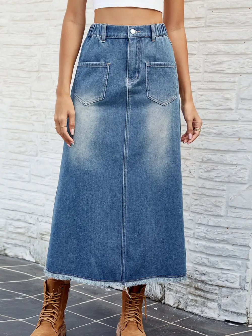 Casual Button Front Denim Detail Skirt
