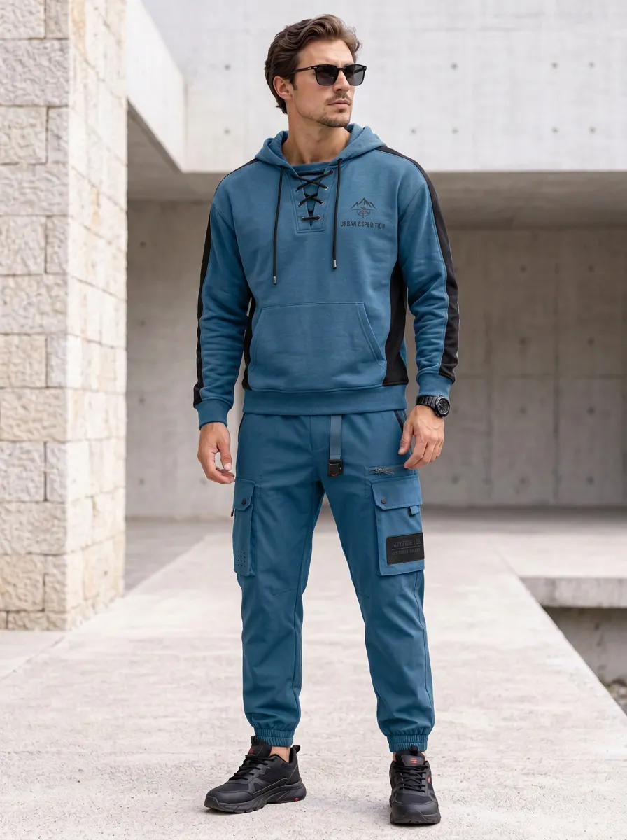 Urban Lace-Up Graphic Print Shape Men's Lace Up Hoodie And Cargo Jogger Set