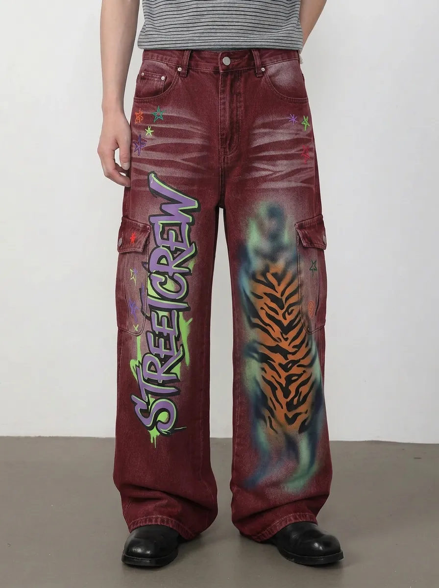 Men's Graffiti Tiger Star Graphic Cargo Jeans