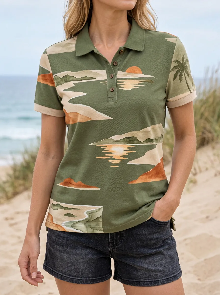 Women's Graphic Tropical Beach Sunset Palm Tree Polo Shirt