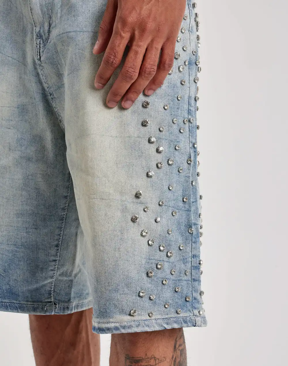 Cross Detail Rhinestone Denim Shorts