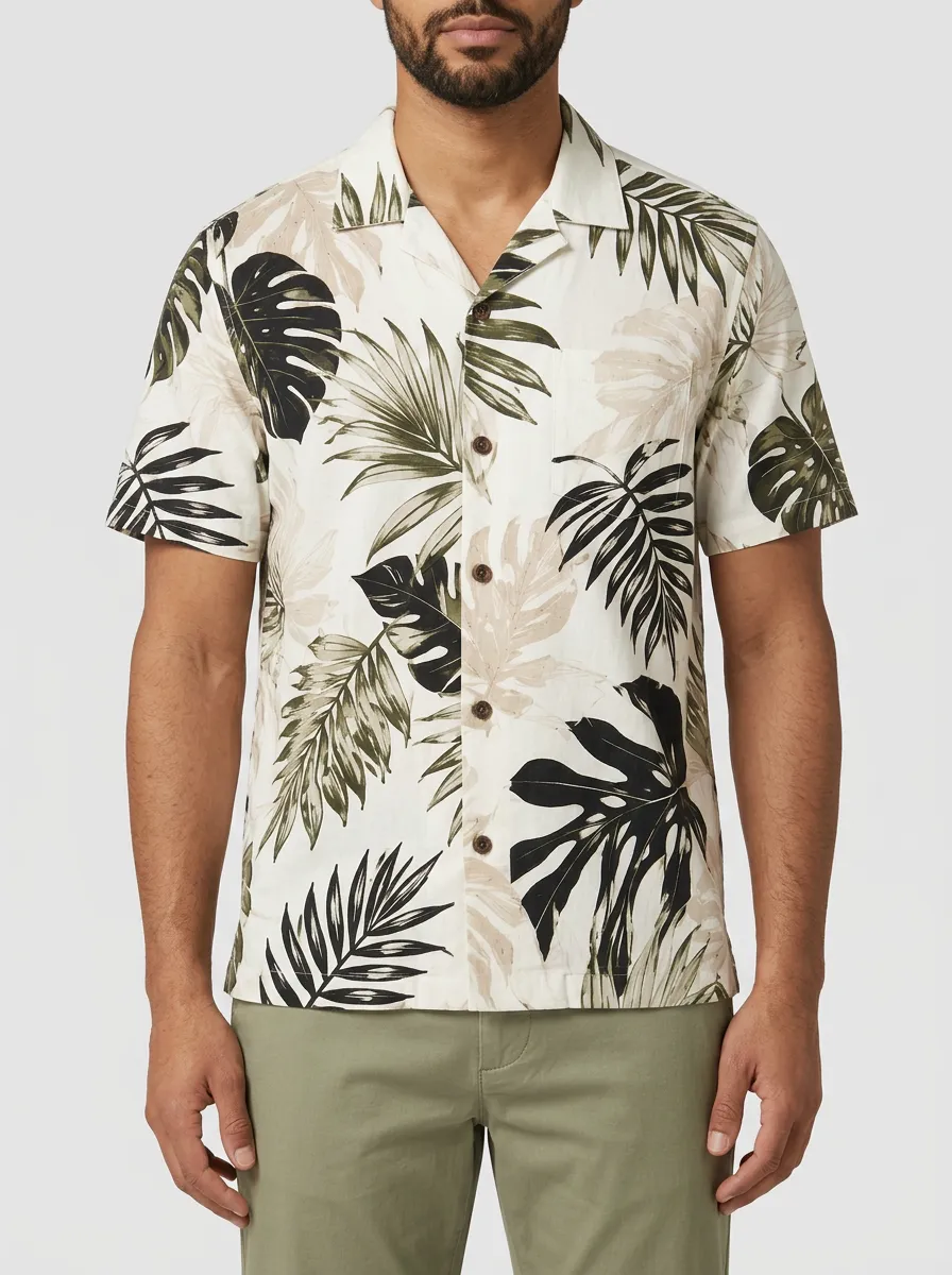 Men's Tropical Leaf Print Camp Collar Shirt with Full-length front button placket with -toned buttons