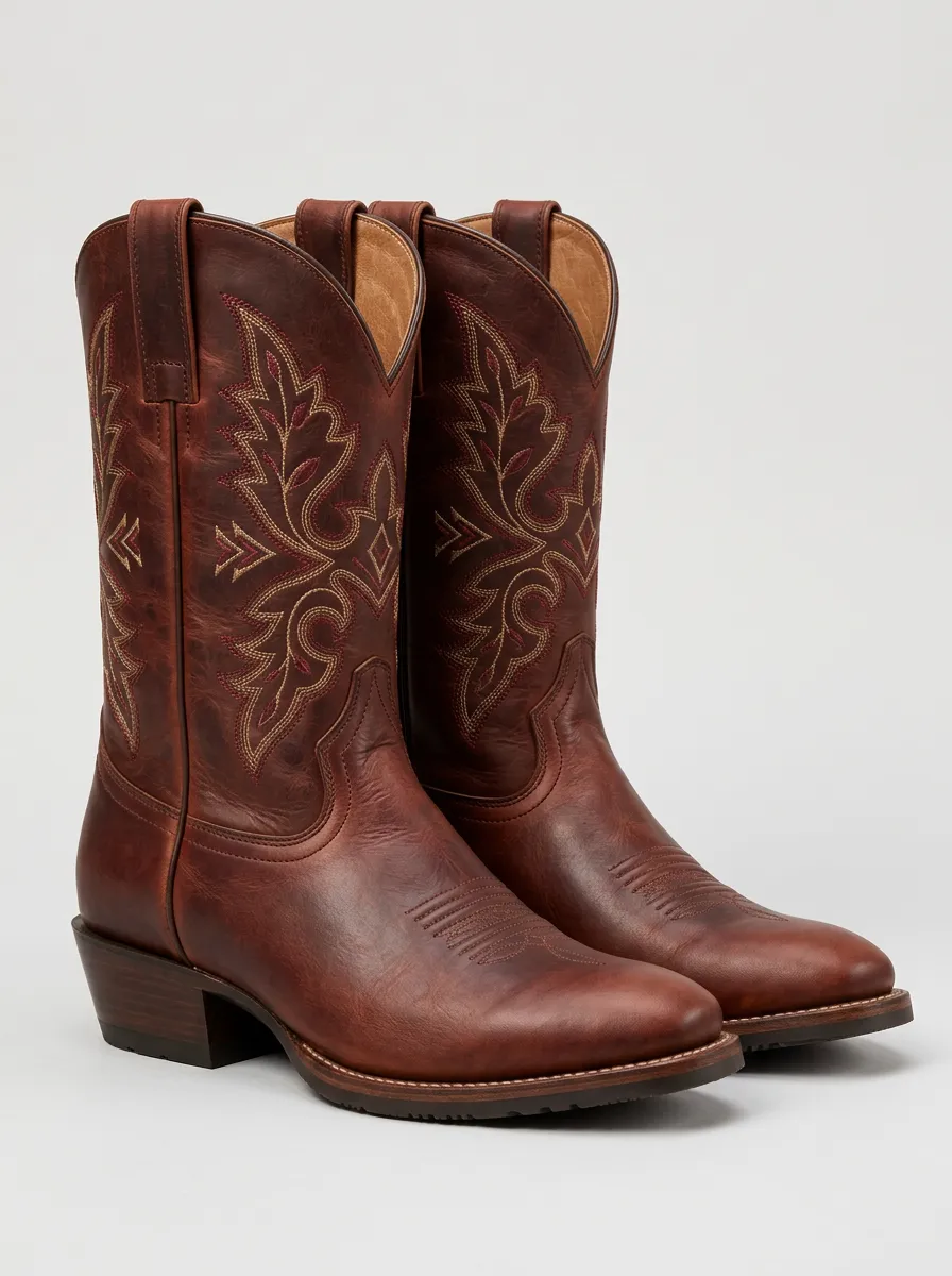 Men's Brown Leather Western Boots with Printed Motifs