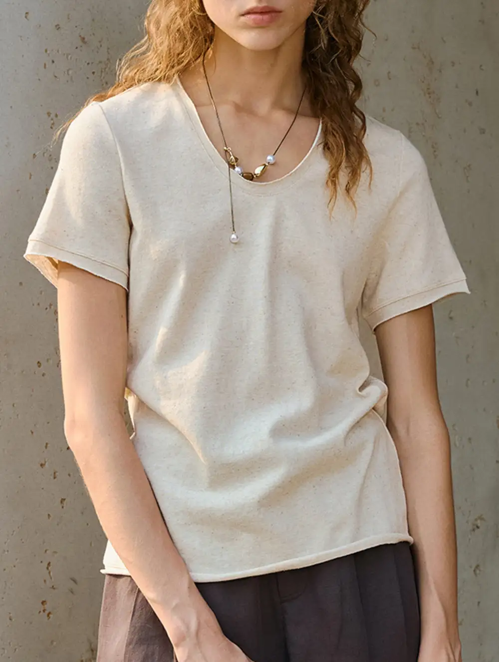 Linen Blend V Neck Knit Tee