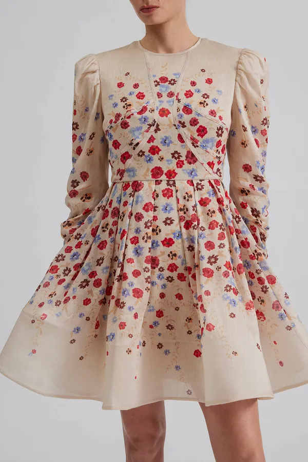 Floral Embroidered Puff Sleeve Mini Dress