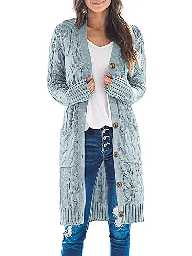 Womens Long Sleeve Cable Knit Long Cardigan Open Front Button Sweater Outerwear
