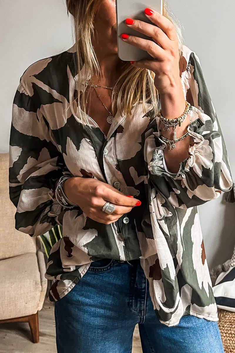 Floral Puff Sleeve Button Front Blouse