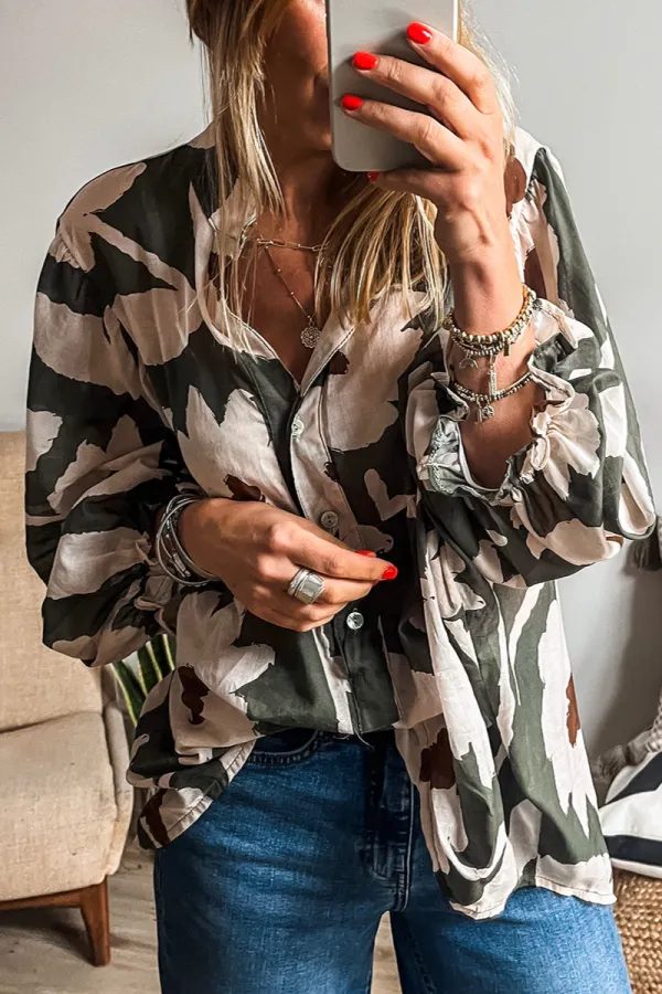 Floral Puff Sleeve Button Front Blouse