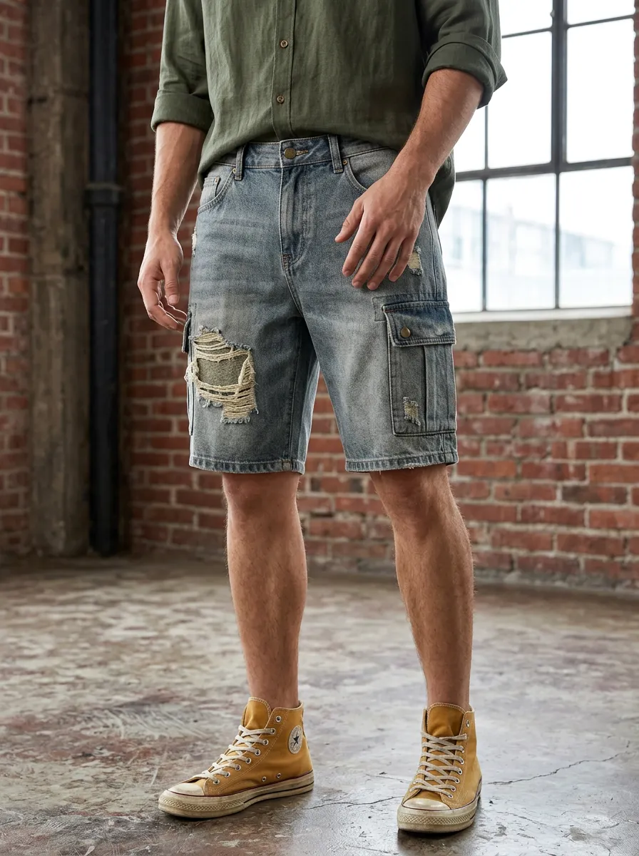 Men's Distressed Cargo Denim Shorts