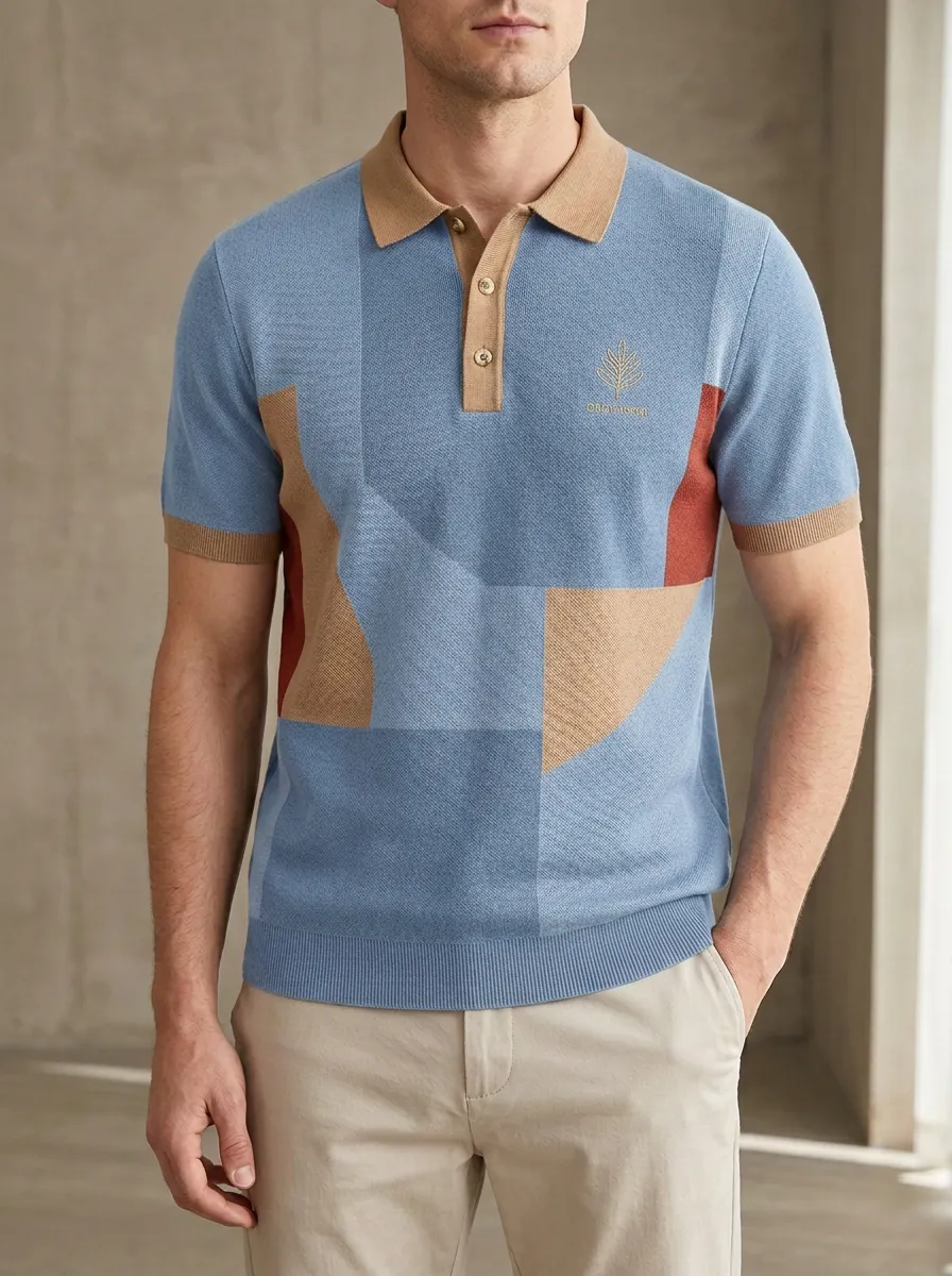 Leaf-Pattern Geometric Colorblock Men's Polo Shirt