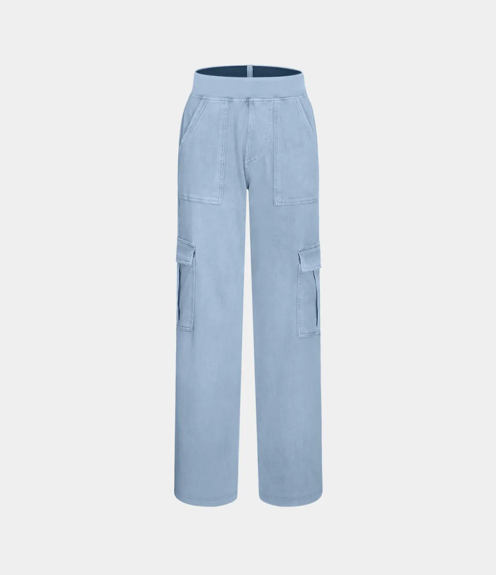 Magic Mid Rise Multiple Pockets Straight Leg Stretchy Knit Casual Cargo Jeans