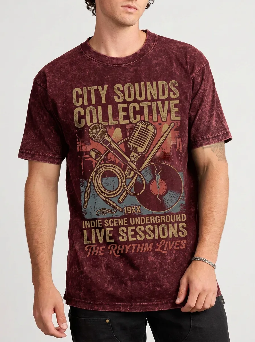 Men's Indie Music Lover Microphone Vinyl Record Printed T-shirt