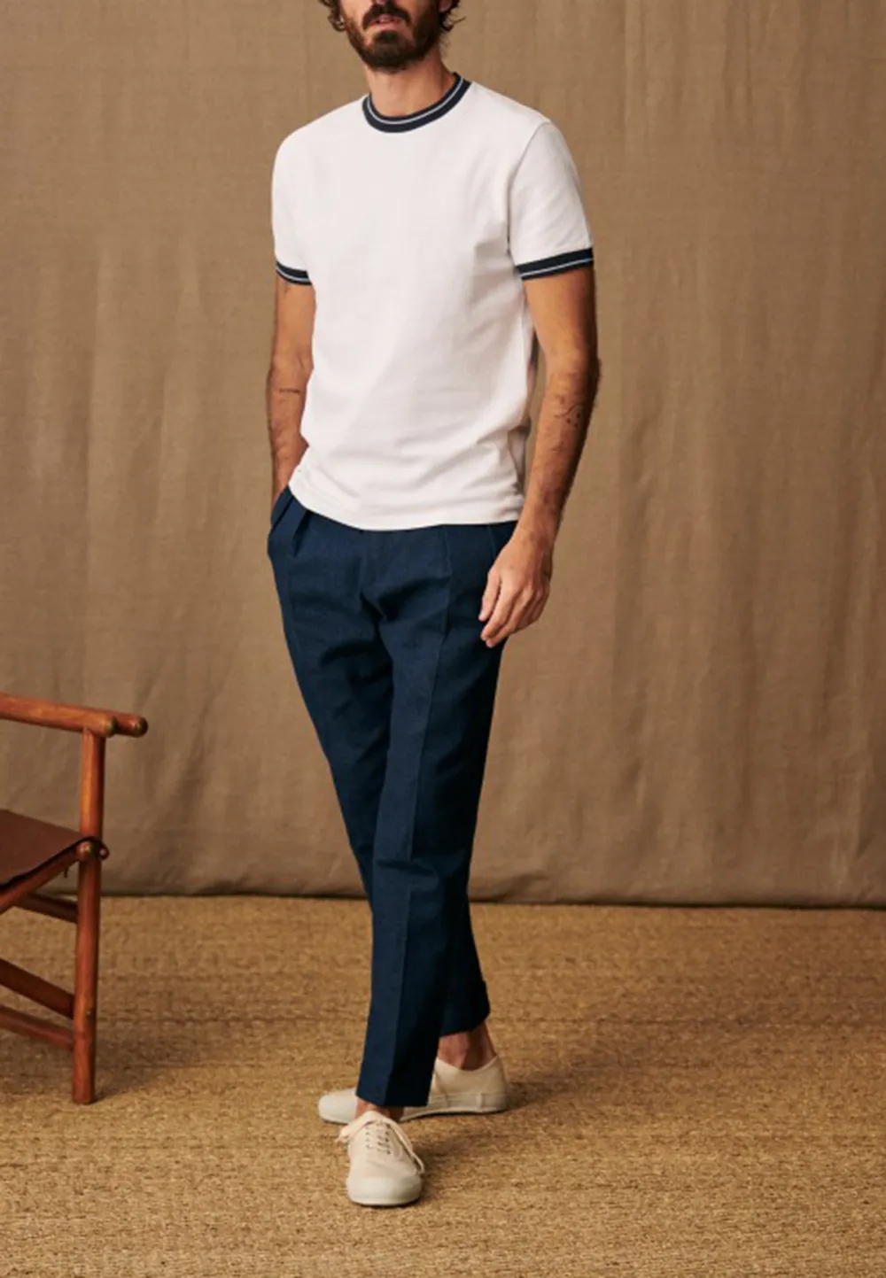 White Navy Trim Ringer Crew Neck T-Shirt