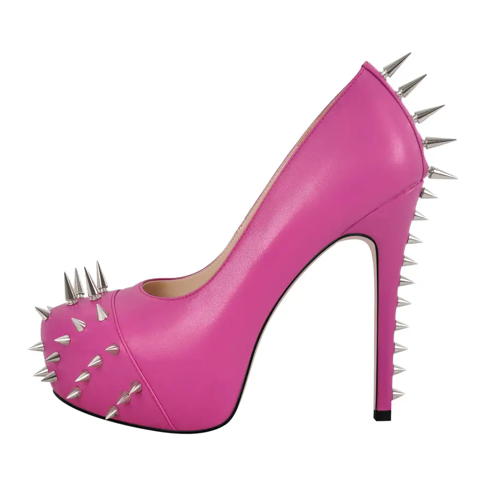 Rivet Round Toe Platform Stiletto Buckle Strap Pumps