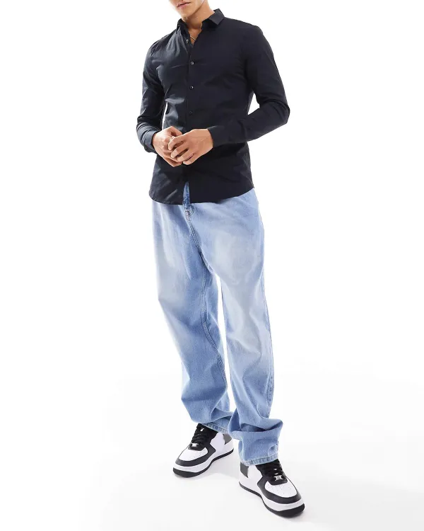 Sleeve Muscle Fit Poplin Shirt In Black