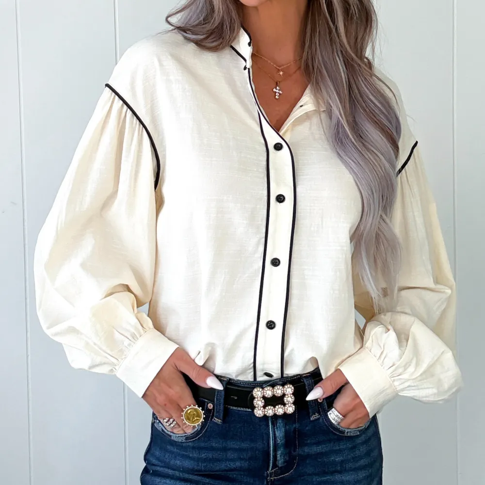 Button-Up Puff-Sleeve Blouse