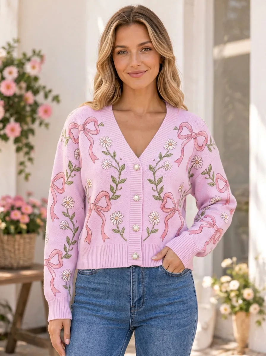 Women's Daisy Floral Ribbon Bow Printed Cardigan