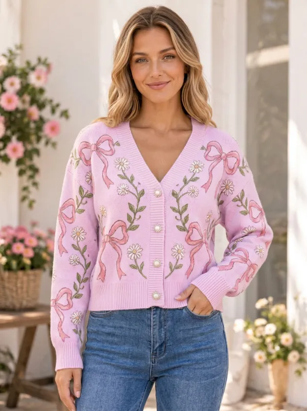 Women's Daisy Floral Ribbon Bow Printed Cardigan