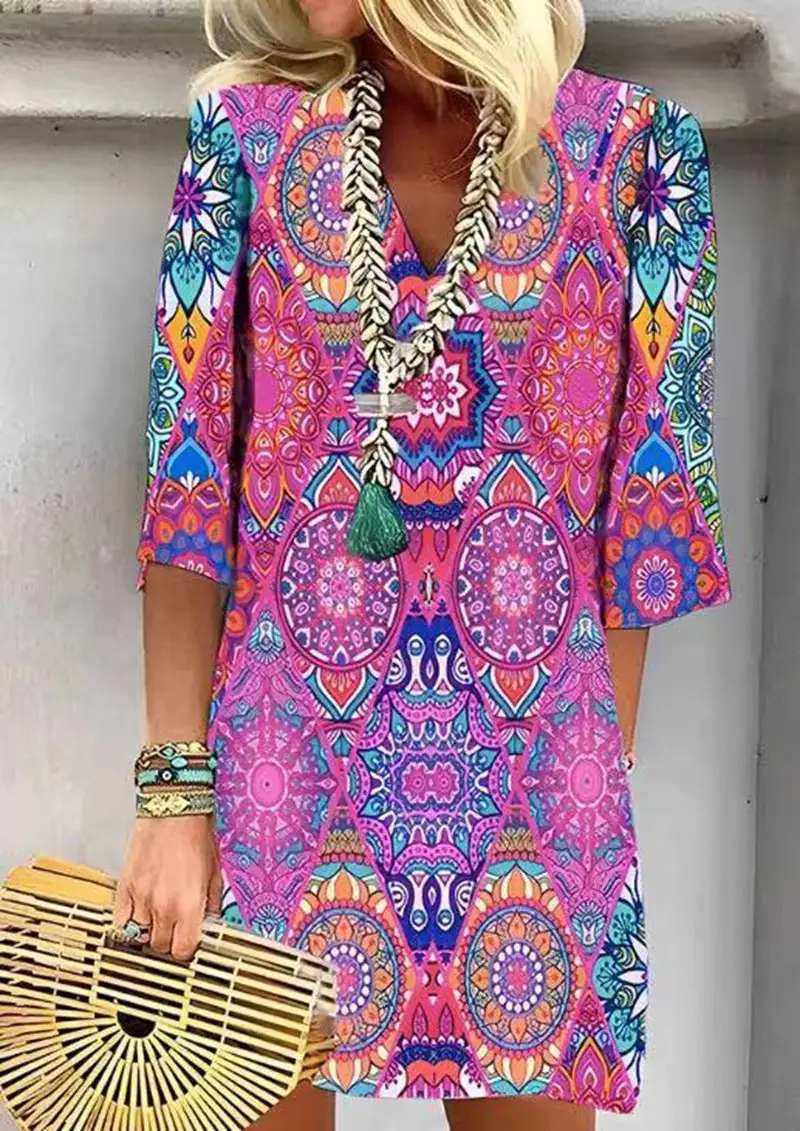 Women's A-Line V-Neck Three-Quarter-Sleeve Belted Dress