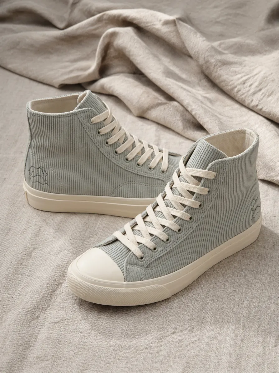 Women's Sage Green Corduroy Minimalist Embroidered High-Top Sneakers