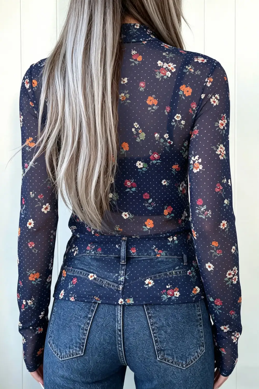 Polka Dot Mesh Long Sleeve Top