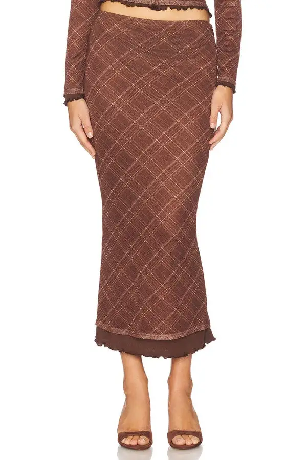 Women's Brown Plaid Knit Mermaid Midi Skirt