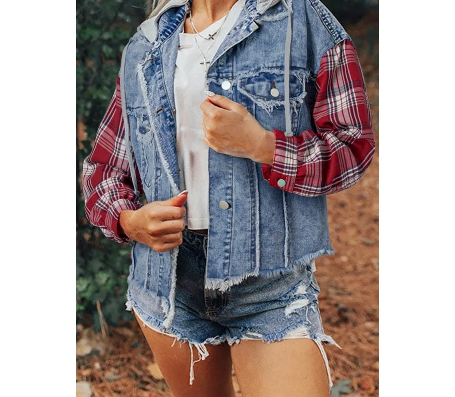 Plaid Print Patchwork Hooded Raw-Hem Denim Jacket