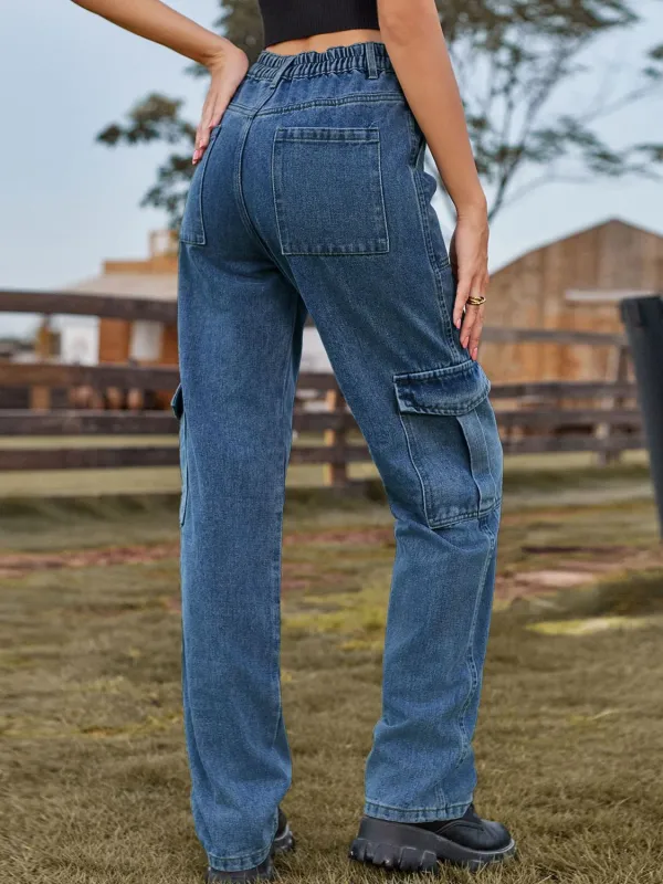 Relaxed High Waist Cargo Denim Jeans