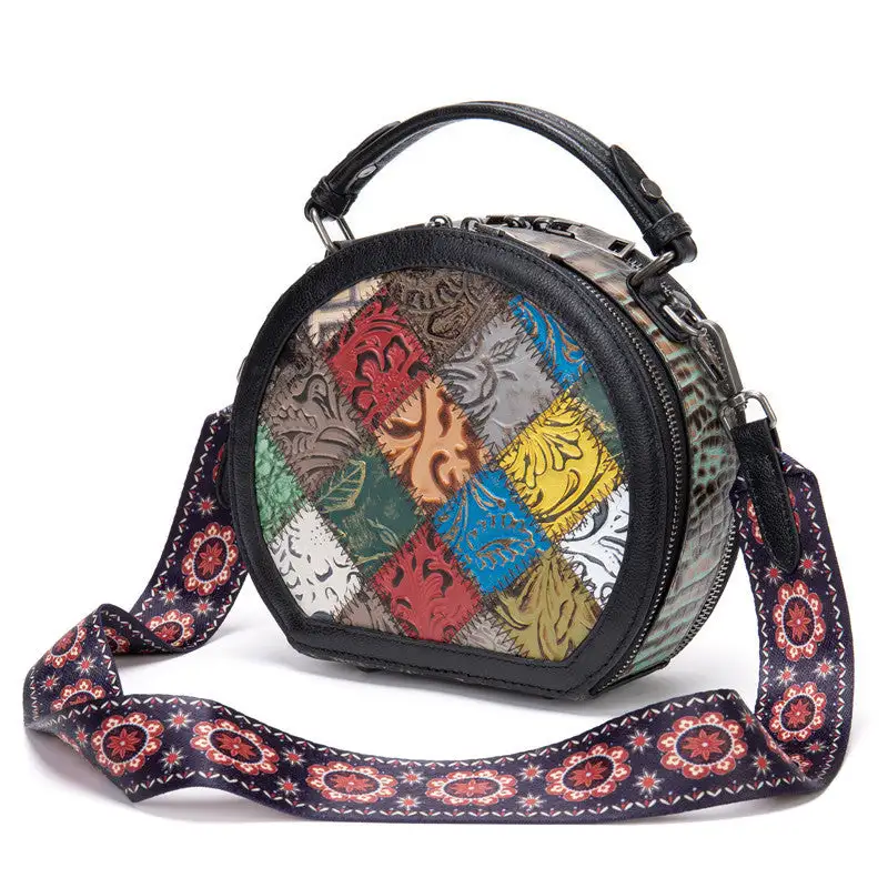 Small Cylindrical Cowhide Leather Handbag Retro Geometric
