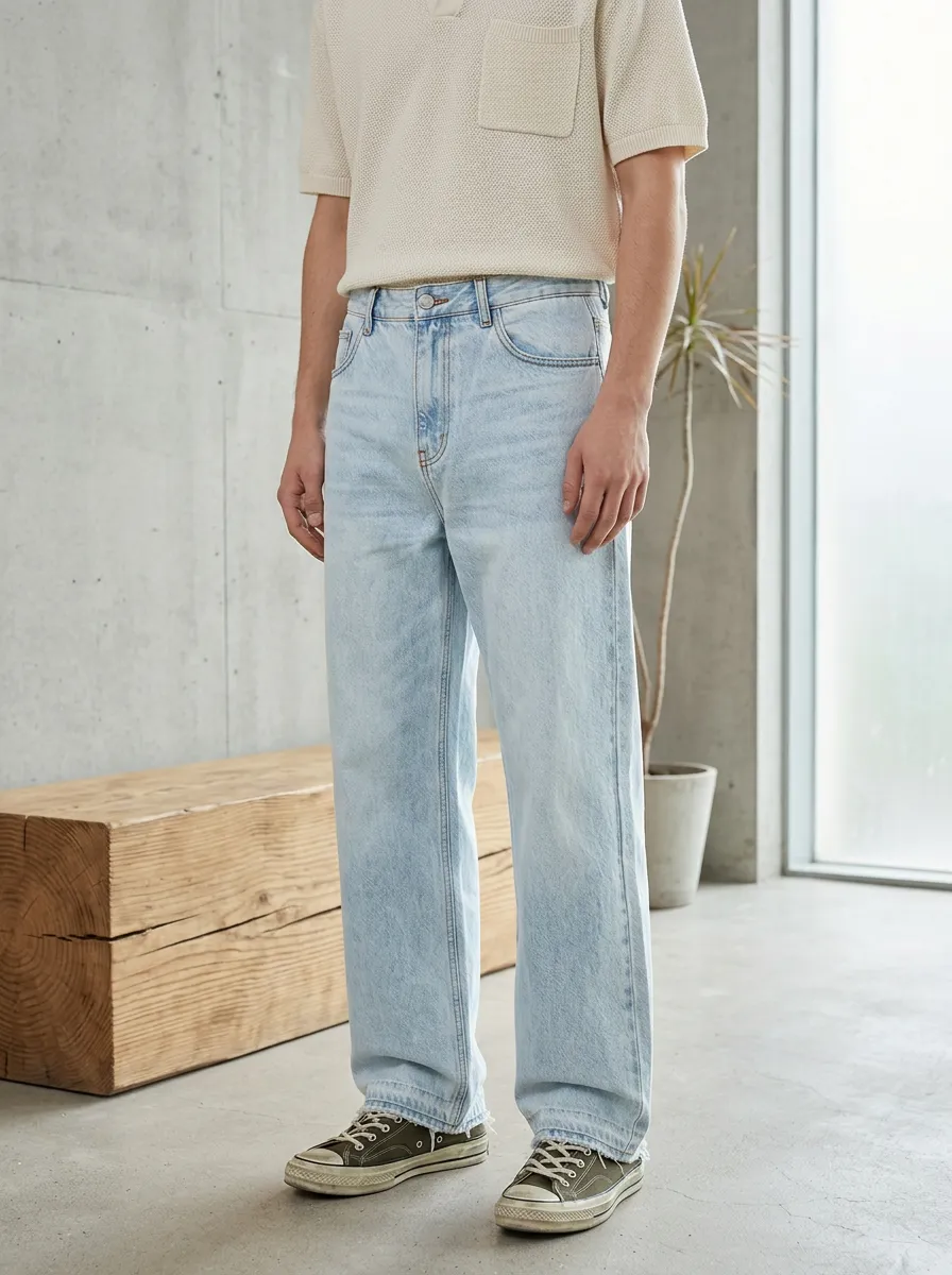 Men's Casual Light Wash Straight Leg Denim Jeans