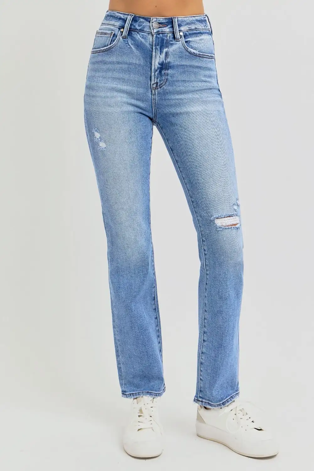 Distressed High Rise Ankle Straight Denim Jeans