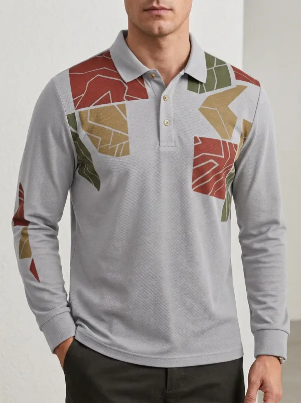 Men's Geometric Abstract Pattern Printed Long Sleeve Polo Shirt