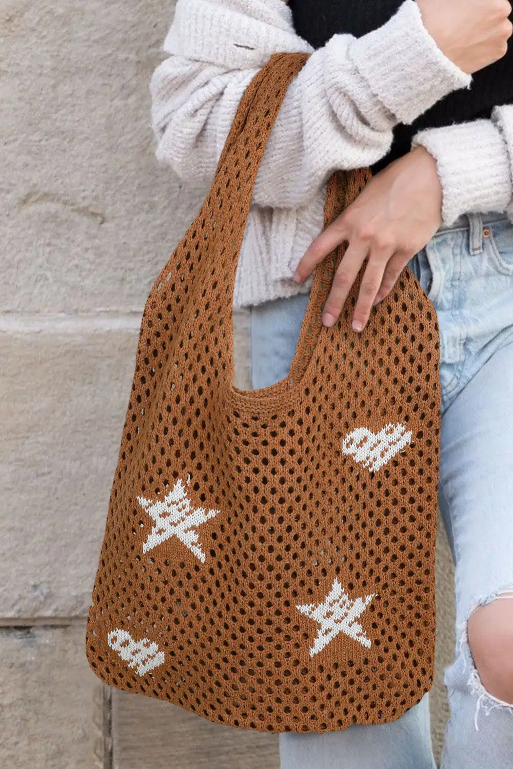 Star Heart Print Hollow Out Knit Shoulder Bag