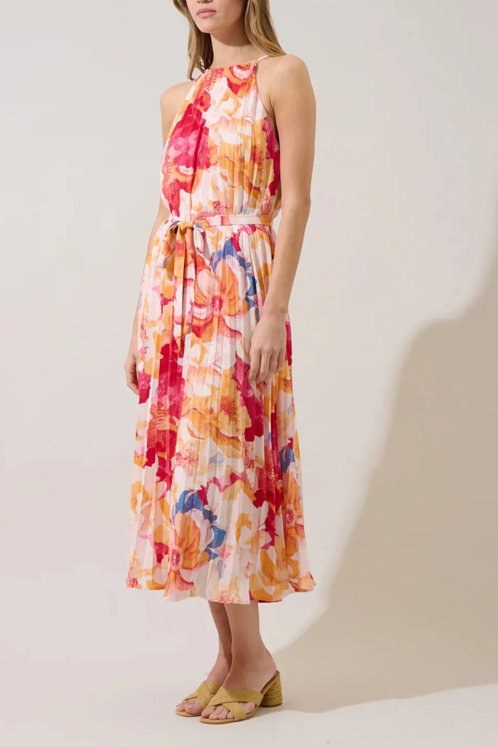 Halter Neck Pleated Floral Print Midi Dress