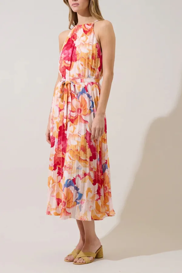 Halter Neck Pleated Floral Print Midi Dress