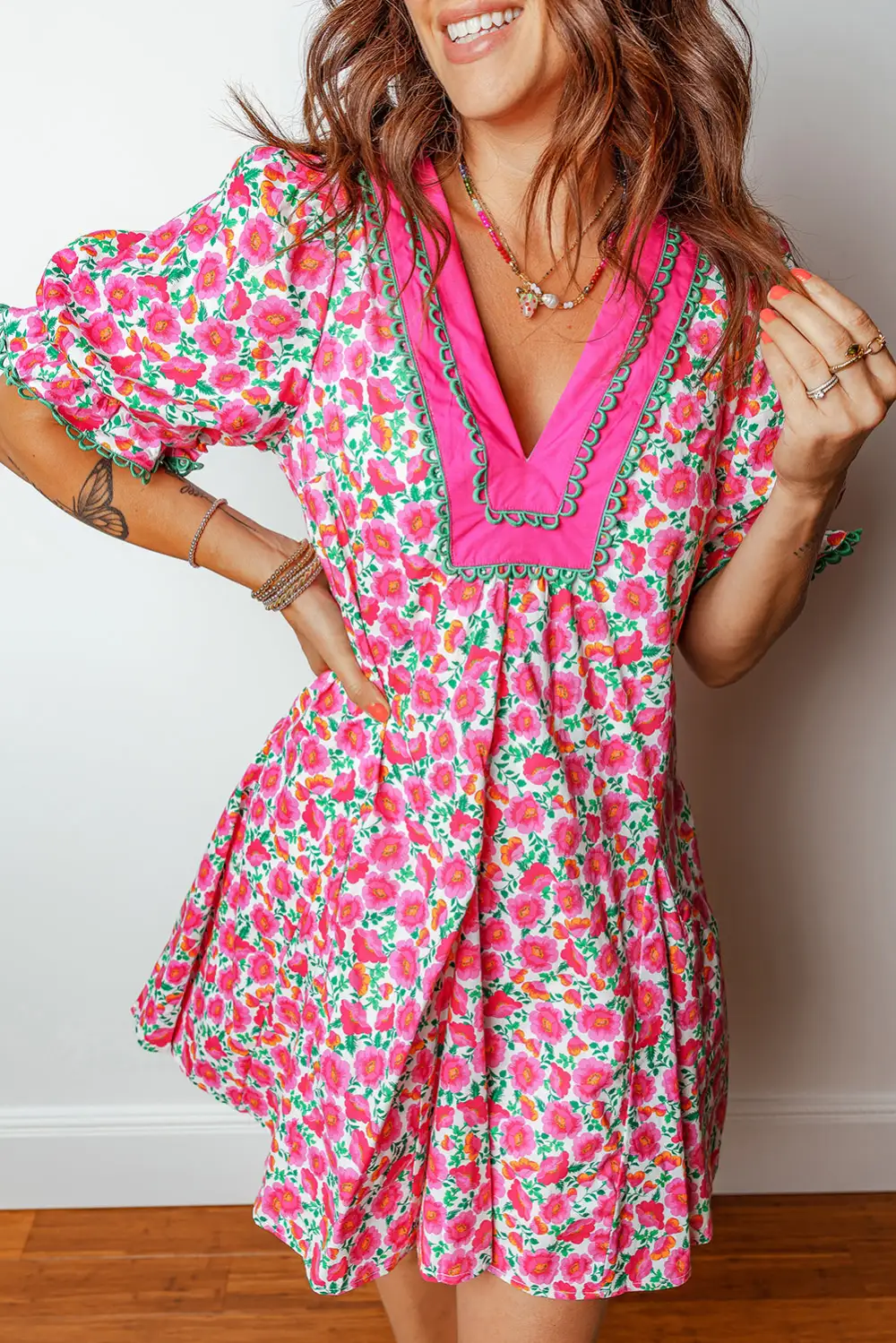 Structured Shape Floral Patchwork V Neck Mini Dress