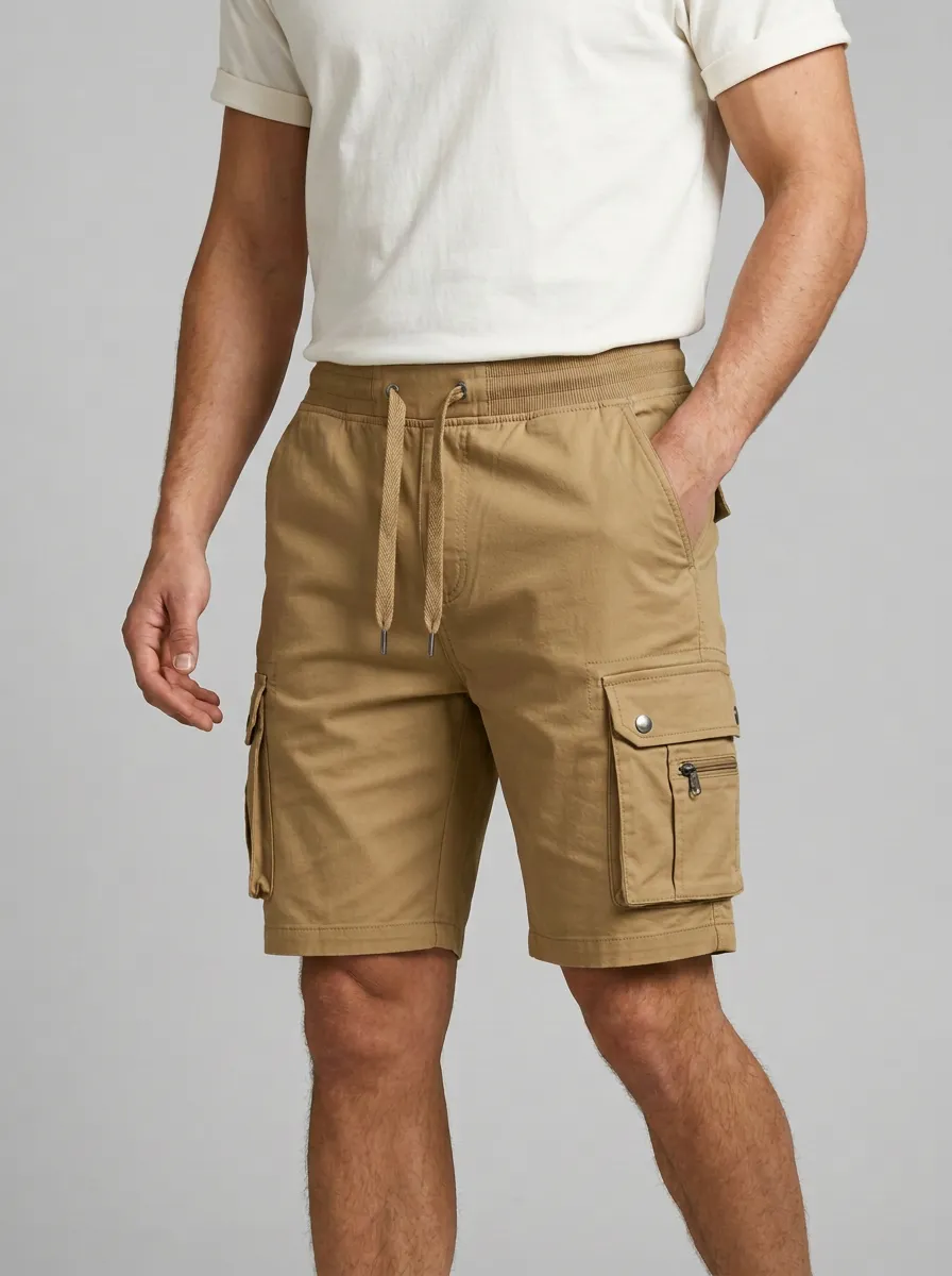 Sport-Inspired Multi-Pocket Drawstring Cargo Shorts