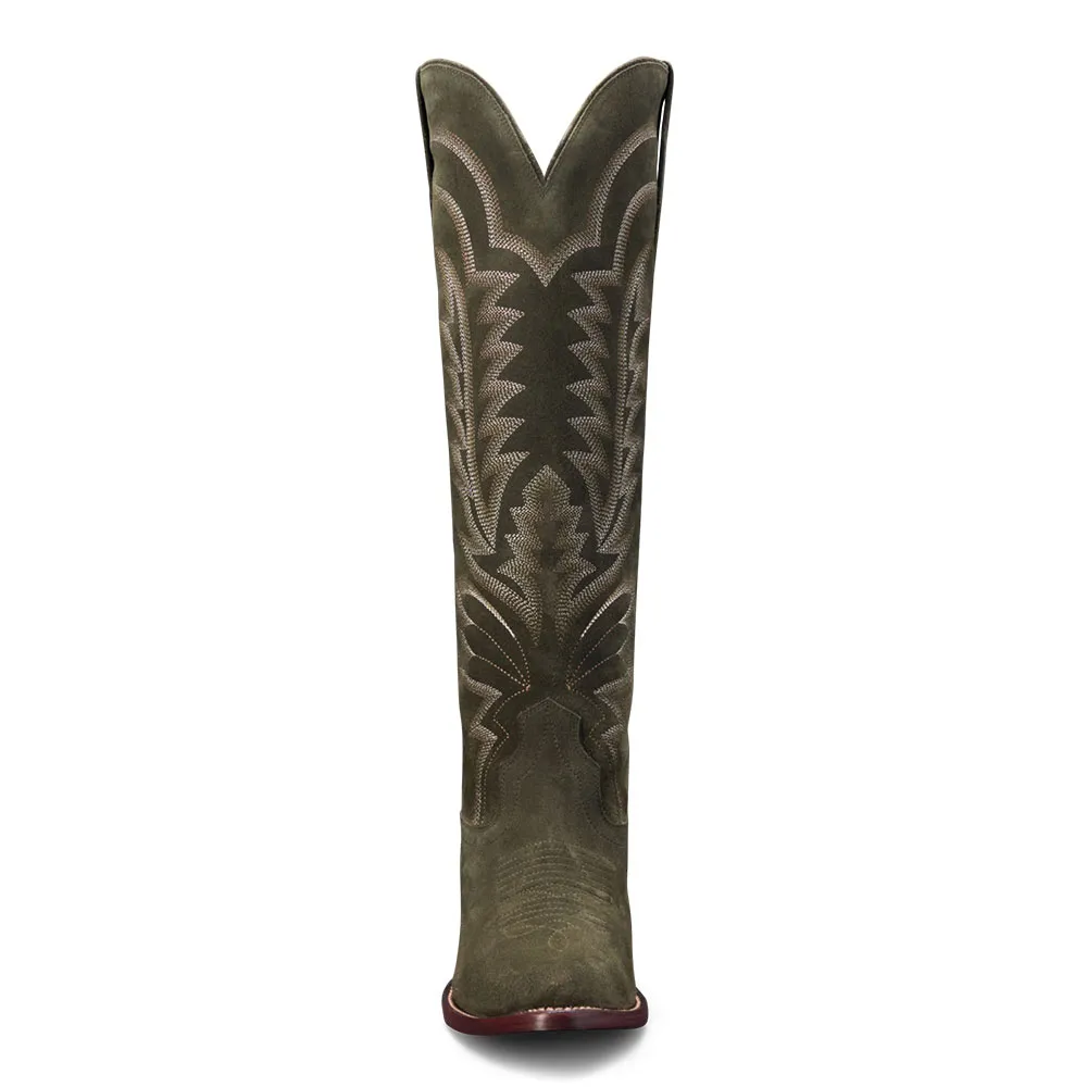 Faux-Suede Embroidered Pointed-Toe Chunky-Heel Knee-High Boots