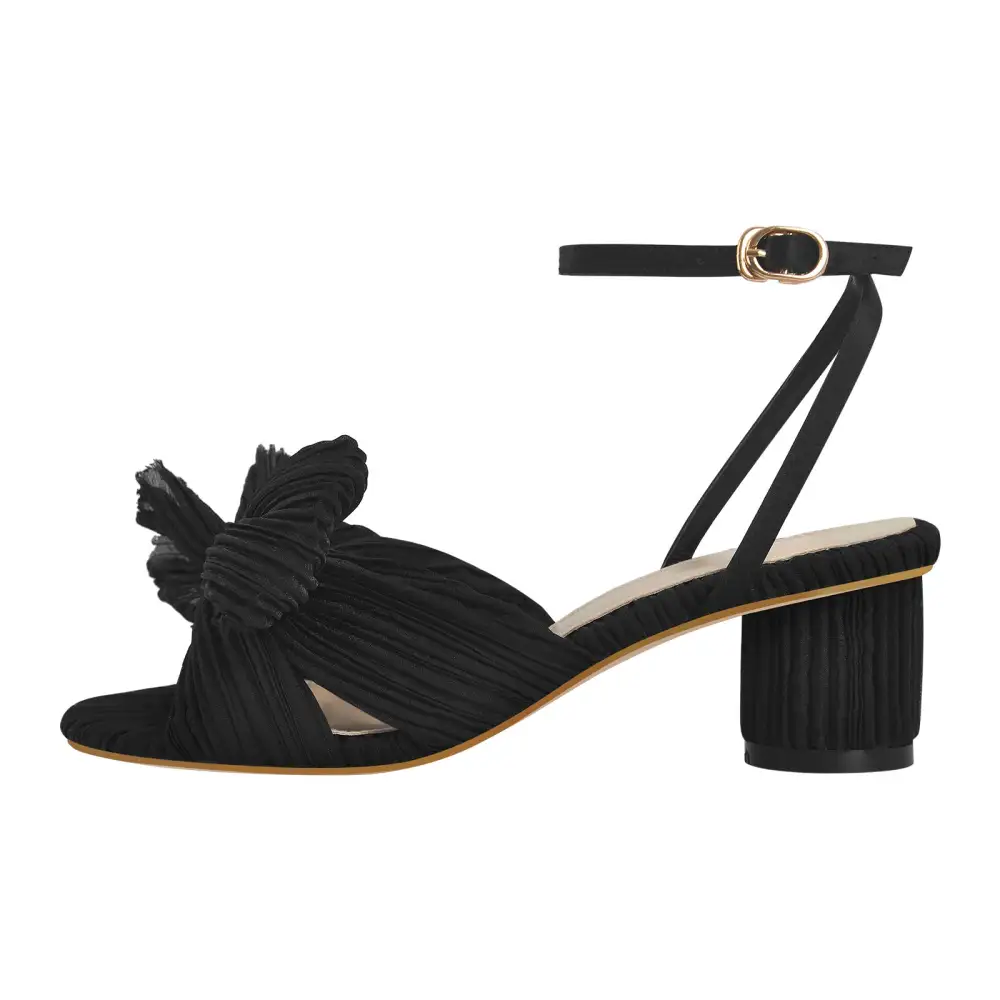 Pleated Bow Mid Chunky Heel Sandals