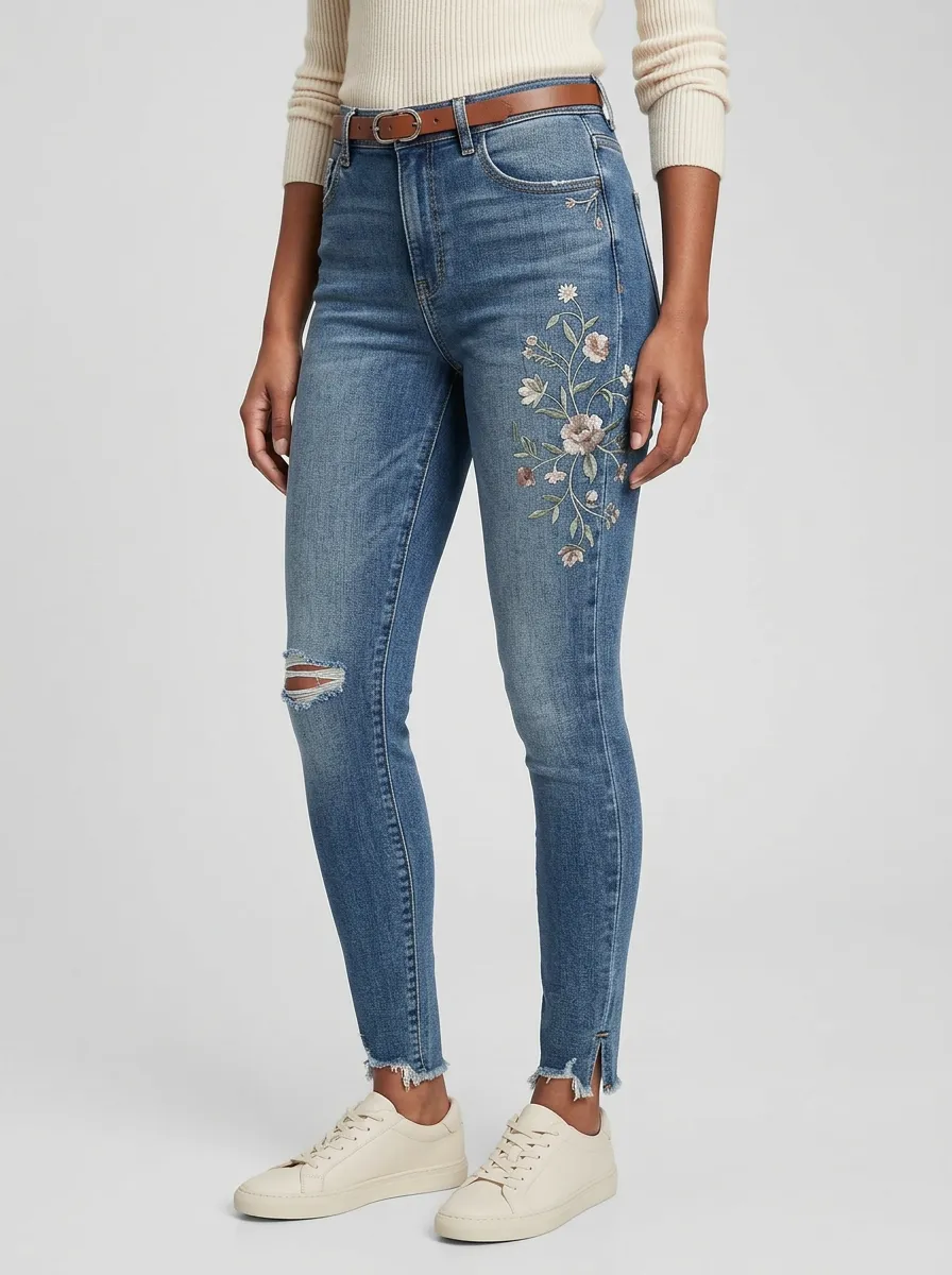 Women's Floral Embroidery Distressed Hem Printed Slim Jeans