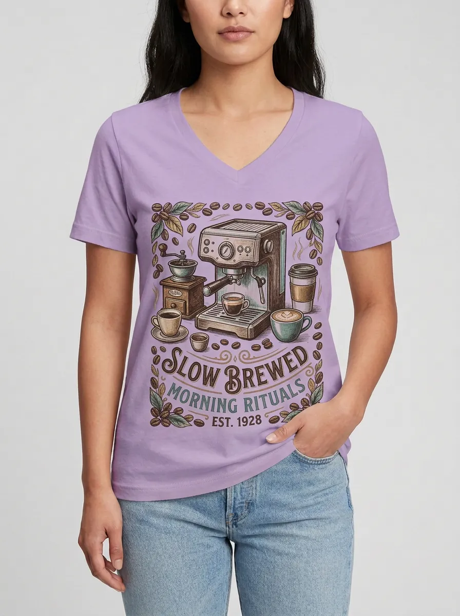 Women's Coffee Lover Slow Brewed Morning Rituals Printed V-neck T-shirt