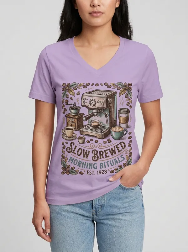 Women's Coffee Lover Slow Brewed Morning Rituals Printed V-neck T-shirt